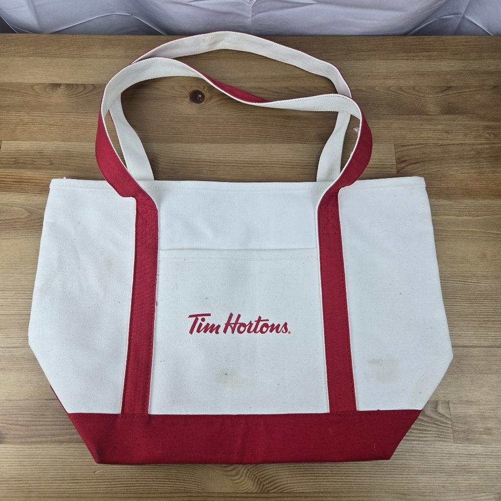 Tim Horton's TOTE BAG Canvas Red & Beige RARE Leeds Brand Bag
